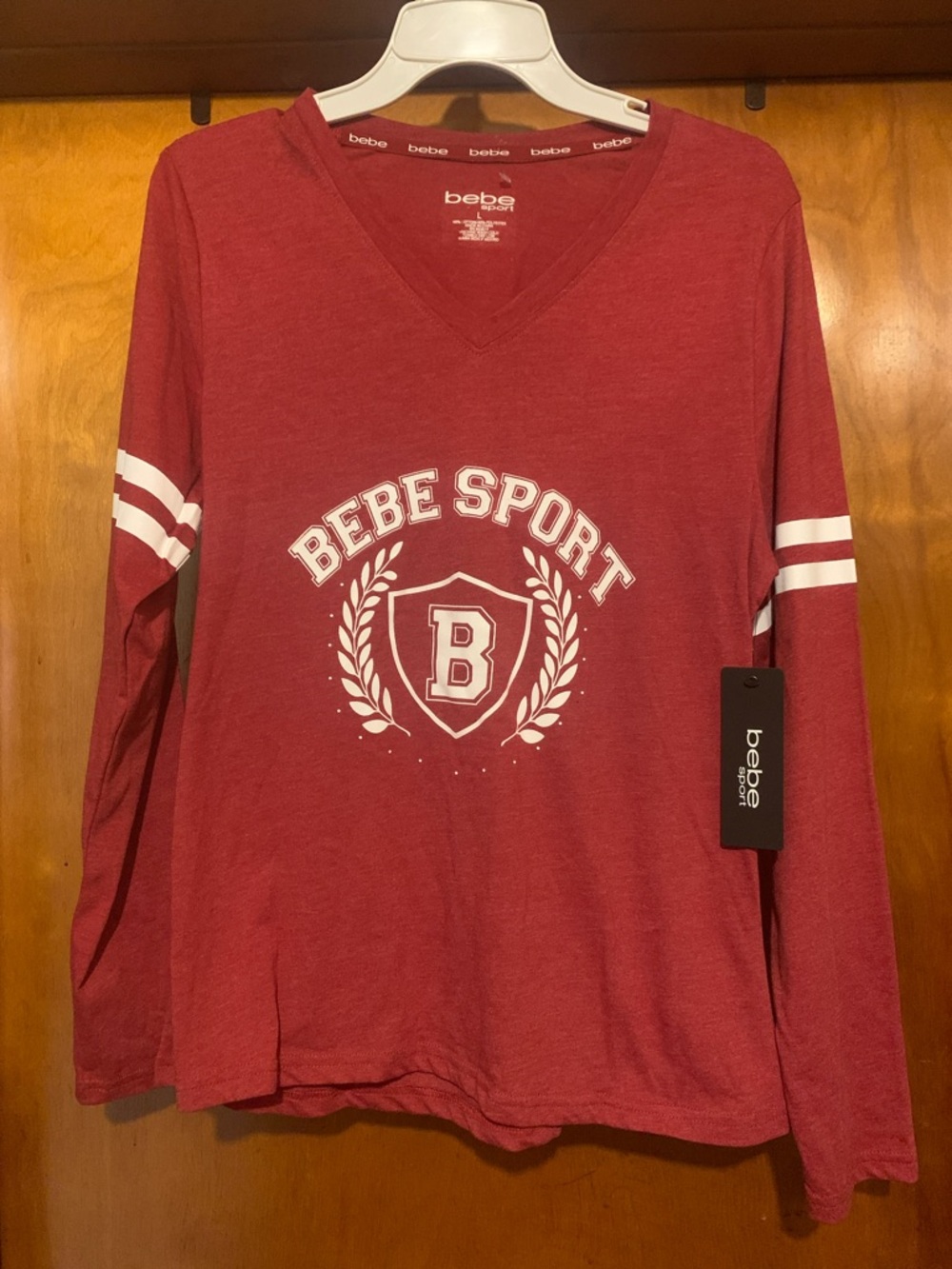 NWT BeBe Sport Size L Maroon Varsity Logo Long Sleeve Top